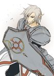  armor dinkron_(log_horizon) grey_hair log_horizon male_focus norne pointy_ears shield simple_background solo teeth white_background 