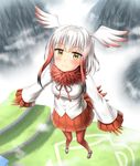  coat commentary_request flying gradient_hair head_wings japanese_crested_ibis_(kemono_friends) kemono_friends looking_at_viewer mary_janes multicolored_hair nedia_(nedia_region) pantyhose pleated_skirt red_legwear shoes short_hair short_hair_with_long_locks skirt smile solo winter_clothes winter_coat yellow_eyes 