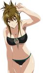  1girl :&gt; arm_up armpits bikini breasts brown_eyes cleavage folded_ponytail green_hair highres hips kisaragi_chitose large_breasts long_hair navel smile solo super_robot_wars super_robot_wars_v swimsuit thigh_gap thighs underboob 