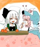  :d ^_^ closed_eyes feeding flying_heart food fruit green_vest hat highres komaku_juushoku konpaku_youmu konpaku_youmu_(ghost) kotatsu long_sleeves mandarin_orange mob_cap multiple_girls open_mouth pink_hair saigyouji_yuyuko shirt smile table touhou triangular_headpiece vest white_shirt 