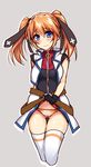  belt black_gloves blue_eyes blush breasts cropped_legs embarrassed gloves grey_background hair_ribbon highres lifted_by_self long_hair looking_at_viewer lyrical_nanoha mahou_shoujo_lyrical_nanoha_strikers medium_breasts orange_hair orange_panties panties raiou ribbon simple_background skindentation skirt skirt_lift solo standing teana_lanster thighhighs twintails underwear vest white_legwear 