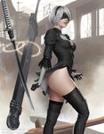  black_dress blindfold boots dress emanuel_mendez hairband highres mole mole_under_mouth nier_(series) nier_automata silver_hair solo sword thigh_boots thighhighs weapon yorha_no._2_type_b 