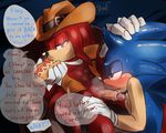  anthro anthrofied athletic balls blush clothing cowboy_hat dialogue duo echidna english_text erection food gloves hat hedgehog hot_dog humanoid_penis knuckles_the_echidna krazyelf male mammal monotreme penis reclining saliva saliva_string signature sitting sonic_(series) sonic_the_hedgehog sweat teasing text vein veiny_penis vest 