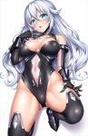  aqua_eyes bare_shoulders black_heart boots breasts center_opening commentary_request covered_navel elbow_gloves eyebrows_visible_through_hair gloves hair_between_eyes highleg highleg_leotard lambda_(kusowarota) large_breasts leotard long_hair neptune_(series) open_mouth segamark sidelocks silver_hair thigh_boots thighhighs tsunako white_background 