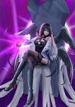  black_hair black_wings boots breasts choker crossed_legs dress dungeon_and_fighter female_priest_(dungeon_and_fighter) gloves hand_on_head highres large_breasts lecheu looking_at_viewer mistress_(dungeon_and_fighter) purple_eyes short_hair solo tattoo thighhighs thighs wings 