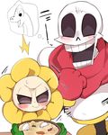  armor blush bowl dinosaur egg flower flowey_(undertale) g_perarikku gloves multiple_boys open_mouth papyrus_(undertale) scarf skeleton smile teeth thought_bubble undertale white_background 