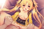  1girl :o artist_request black_skirt blonde_hair blush breasts censored clothed_sex clothes_around_waist collarbone flower_knight_girl freesia_(flower_knight_girl) game_cg hetero holding_hands long_hair looking_at_viewer medium_breasts mosaic_censoring official_art open_clothes open_mouth open_shirt orange_eyes penis pussy sex shirt skirt solo_focus spread_legs straddling twintails vaginal yellow_shirt 