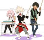  alternate_hairstyle arash_(fate) astolfo_(fate) black_hair blonde_hair blush braid brown_hair chibi cleaning_brush dark_skin dark_skinned_male fang fate/apocrypha fate/prototype fate/prototype:_fragments_of_blue_and_silver fate_(series) full_body jekyll_and_hyde_(fate) kamuran_ran long_hair looking_at_viewer male_focus multiple_boys noisy_obsession open_mouth otoko_no_ko protected_link purple_eyes red_eyes shoes short_hair smile uwabaki 