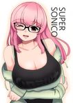  ;d absurdres bad_id bad_pixiv_id bare_shoulders bespectacled blush breast_hold breasts cleavage commentary_request crossed_arms glasses highres large_breasts logo long_hair looking_at_viewer nitroplus no_headwear one_eye_closed open_mouth pink_eyes pink_hair sasanoha_toro smile solo super_sonico tank_top 