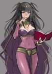  bangs biting black_hair blunt_bangs bodysuit book breasts cleavage finger_biting fire_emblem fire_emblem:_kakusei highres large_breasts long_hair looking_at_viewer navel open_book purple_eyes see-through simple_background sketch solo tetsu_(kimuchi) tharja two_side_up 
