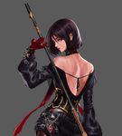  back bare_shoulders black_hair chain choker cross dress dungeon_and_fighter female_priest_(dungeon_and_fighter) gloves grey_background highres lips looking_at_viewer looking_back mistress_(dungeon_and_fighter) open_mouth purple_eyes red_gloves scar short_hair solo zhui_meng_de_bendan 