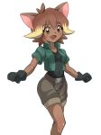  2018 absurd_res anthro belt bomberman bomberman_jetters breasts brown_eyes brown_fur brown_hair cat clothed clothing cute_fangs feline female fur gloves hair hi_res jacket looking_at_viewer mammal misty_(bomberman) navel open_mouth shoukin500 simple_background solo standing white_background 