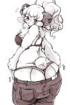  anthro big_butt blush bra breasts butt caprine chest_tuft clothed clothing dressing female fluffy hair horizontal_pupils jeans kemono long_hair mammal panties pants ponytail rear_view setouchi_kurage sheep simple_background solo standing tight_clothing tuft underwear white_background wide_hips 