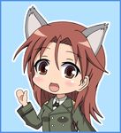  1girl animal_ears blush brown_eyes jacket katyo_drive military_uniform minna-dietlinde_wilcke open_mouth red_hair strike_witches world_witches_series 