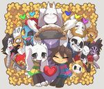  androgynous armor asgore_dreemurr asriel_dreemurr beard blue_skin blush brown_hair closed_eyes crown cup everyone extra_eyes eyepatch facial_hair fewer_digits flower flowey_(undertale) frisk_(undertale) g_perarikku glasses gloves grin hair_over_one_eye head_fins heart hood hoodie horns insect_girl mettaton mettaton_ex monster_boy monster_girl monster_kid_(undertale) muffet multiple_boys multiple_girls napstablook open_mouth papyrus_(undertale) ponytail red_hair sans scarf sharp_teeth shirt short_hair shorts skeleton smile spider_girl striped striped_shirt striped_sweater sweater teacup teeth toriel undertale undyne yellow_skin 