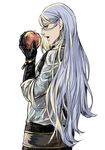  adam_(nier_automata) bangs bishounen commentary_request eyelashes food fruit gloves holding holding_food holding_fruit long_hair looking_at_viewer male_focus nier_(series) nier_automata omi_(tomatopu-n) open_mouth pale_skin profile red_apple red_eyes solo standing white_background white_hair 