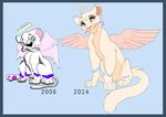  2006 2014 cat feathered_wings feathers feline fur heterochromia kitchiki mammal paws pink_feathers pink_nose simple_background sitting smile white_fur wings 