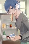  blue_eyes blue_hair collarbone drink eyelashes food food_in_mouth headphones holding indoors long_sleeves looking_at_viewer male_focus megami_ibunroku_devil_survivor milk mouth_hold protagonist_(devil_survivor) qitoli refrigerator room shirt solo standing toast toast_in_mouth window wire 