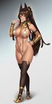  :s animal_ears anubis_(houtengeki) arm_guards armlet bangs bare_shoulders black_legwear breasts brown_hair cameltoe cleavage closed_mouth covered_nipples cross dark_skin detached_collar dog_ears egyptian egyptian_clothes egyptian_mythology fringe_trim full_body grey_background groin hand_on_hip highres houtengeki large_breasts long_hair looking_at_viewer navel original ponytail raised_eyebrows red_eyes shoes signature slingshot_swimsuit smile solo standing stomach swimsuit thighhighs usekh_collar very_long_hair yellow_footwear 