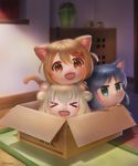 &gt;_&lt; :d animal_ears black_hair blurry box brown_eyes brown_hair cardboard_box cat_ears cat_tail closed_eyes commentary depth_of_field green_eyes hair_ornament hairclip highres in_box in_container long_hair looking_at_viewer maa_(nyanko_days) multiple_girls narongdej_watcharapasorn nyanko_days open_mouth rou_(nyanko_days) shii_(nyanko_days) short_hair silver_hair smile tail 