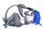  2017 alcohol anthro beverage blue_eyes blue_hair blush bottle breasts drunk english_text featureless_breasts female fin fish grey_skin hair long_hair looking_at_viewer lying marine myloveless navel nude on_back shark signature simple_background solo text white_background white_skin 