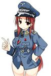  1girl cap hand_on_hip iron_cross jacket long_hair military_uniform minna-dietlinde_wilcke red_eyes red_hair red_panties samazukamashio strike_witches thighs uniform world_witches_series 