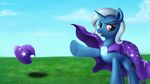  2017 cape clothed clothing cloud equine female feral friendship_is_magic grass grin hair hat horn horse jeki looking_at_viewer mammal my_little_pony outside pony purple_eyes sky smile solo trixie_(mlp) unicorn wizard_hat 