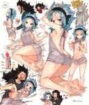  1girl ass backless_outfit barefoot black_hair blood blue_hair blush breasts butt_crack covered_nipples fairy_tail feet gajeel_redfox highres kneeling levy_mcgarden meme_attire navel nosebleed open_mouth piercing rusky small_breasts spiked_hair stomach sweat tattoo tickling trembling turtleneck virgin_killer_sweater wardrobe_error 