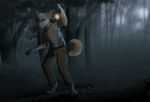  4_toes 5_fingers anthro barefoot blue_nose canine clothed clothing detailed_background digitigrade dog forest fur grass green_eyes hair kitchiki lantern male mammal night outside solo standing tan_fur toes tree white_hair 