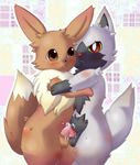  blush brown_eyes derp duo eevee frottage gay hyena male mammal nintendo okunawa penis pok&#233;mon pokemon poochyena precum red_eyes video_games 