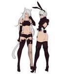  android animal_ears ass blindfold bunny_ears bunny_tail cat_ears cat_tail feather-trimmed_sleeves leotard looking_at_viewer midriff mole mole_under_mouth multiple_girls mushisotisis navel nier_(series) nier_automata short_shorts shorts silver_hair tail thighhighs yorha_no._2_type_b yorha_type_a_no._2 