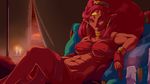  abs bed blanket breasts choker circlet covered_nipples dark_skin earrings gerudo highres jewelry looking_at_viewer muscle muscular_female nude pillow plague_of_gripes pointy_ears reclining red_hair solo the_legend_of_zelda the_legend_of_zelda:_breath_of_the_wild toned urbosa 