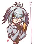  amayuki_esuka black_gloves collared_shirt eyebrows_visible_through_hair fingerless_gloves gloves green_eyes grey_hair grey_shirt hair_between_eyes head_wings kemono_friends looking_at_viewer necktie shirt shoebill_(kemono_friends) short_hair simple_background solo upper_body white_background white_neckwear 