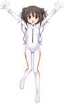  absurdres arms_up ass_visible_through_thighs bodysuit breasts brown_hair cabbage_soft covered_nipples diving_suit double_bun full_body gloves highres hoshikoi_tinkle korie_riko looking_at_viewer narusegawa_nagi official_art outstretched_arms red_eyes skinny small_breasts solo transparent_background white_gloves 