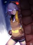  2017 bird_wings commentary_request cosplay dated fingerless_gloves gloves glowing glowing_eyes grey_hair hand_in_pocket head_wings highres hood hoodie indoors kemono_friends multicolored multicolored_eyes shoebill_(kemono_friends) short_hair shorts solo standing staring stregoicavar tsuchinoko_(kemono_friends) tsuchinoko_(kemono_friends)_(cosplay) wings 