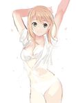  arms_up blonde_hair breasts character_request cleavage contrapposto copyright_request cowboy_shot green_eyes long_hair looking_at_viewer medium_breasts open_clothes open_shirt raised_eyebrows shirt sketch smile solo standing stretch tied_shirt weee_(raemz) white_background 