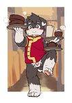  anthro balancing balls blush border bottomless canine casual_exposure chinese_clothing clothed clothing cub dog flaccid flat_colors food front_view luos male mammal motion_lines on_one_leg penis plantigrade restaurant serving_tray solo standing waiter wolfsoul young 