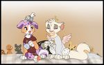  canine cat clothed clothing dog duo eyes_closed feline female feral fur heterochromia kitchiki mammal paws pink_nose simple_background sitting smile white_fur 