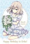  blue_eyes breasts choker collarbone dated dress english flower frilled_dress frilled_legwear frilled_sleeves frills girls_und_panzer happy_birthday itsumi_erika layered_dress looking_at_viewer march neck_ribbon orchid puffy_sleeves ribbon silver_hair sitting small_breasts smile socks solo takitarou text_focus white_flower yokozuwari 