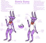  2015 animatronic anthro bonnie_(fnaf) bottomless bow_tie buckteeth clothed clothing english_text featureless_crotch five_nights_at_freddy&#039;s inkyfrog lagomorph looking_at_viewer machine male mammal model_sheet open_mouth open_smile rabbit robot shirt simple_background smile solo standing teeth text video_games waving white_background 