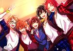  4boys ahoge akehoshi_subaru am_(deritsi411) anzu_(ensemble_stars!) black_hair blonde_hair blue-framed_eyewear brown_hair closed_eyes ensemble_stars! glasses group_hug hidaka_hokuto hug isara_mao long_hair multiple_boys necktie orange_hair pants pink_hair plaid plaid_jacket plaid_pants plaid_skirt school_uniform skirt smile trickstar yumenosaki_school_uniform yuuki_makoto_(ensemble_stars!) 