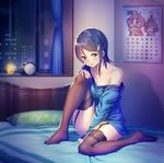  alarm_clock analog_clock bangs bed bedroom between_legs blue_eyes blue_hair blue_shirt blush breasts brown_legwear calendar_(object) candle cleavage clock collarbone curtains full_body garter_straps hair_ornament hairclip hand_between_legs hand_on_own_knee idolmaster idolmaster_dearly_stars knee_up long_sleeves looking_at_viewer medium_breasts mizutani_eri nanaran no_pants no_shoes off_shoulder on_bed parted_bangs pillow shirt short_hair sitting sleeves_past_wrists smile solo thighhighs window 