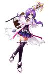  aisha_(elsword) black_legwear blue_skirt book brown_gloves elemental_master_(elsword) elsword full_body gloves hair_ornament holding holding_wand long_hair looking_at_viewer official_art purple_eyes purple_hair ress skirt smile solo staff thighhighs transparent_background wand 