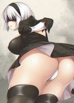 ass black_dress black_gloves black_hairband black_legwear blindfold breasts covered_eyes covered_nipples dress feather-trimmed_sleeves gloves hairband juliet_sleeves large_breasts long_sleeves mole mole_under_mouth nier_(series) nier_automata parted_lips puffy_sleeves short_dress short_hair solo suzuki_nene thighhighs upskirt yorha_no._2_type_b 