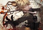  ammunition bangs blonde_hair blood copyright_name gloves grin gun holding holding_weapon iron_cross kawacy looking_at_viewer military military_uniform outdoors over_shoulder ponytail rifle short_hair sky smile solo tanya_degurechaff tied_hair uniform weapon weapon_over_shoulder yellow_eyes youjo_senki 