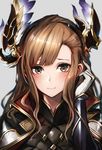  armor asymmetrical_bangs bangs blush brown_eyes brown_hair close-up closed_mouth coat commentary gloves granblue_fantasy grey_background hair_ornament hand_up highres long_hair looking_at_viewer oyu_(sijimisizimi) portrait sidelocks simple_background smile solo song_(granblue_fantasy) upper_body white_gloves 