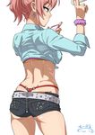  ass belt bow bracelet denim denim_shorts dimples_of_venus earrings from_behind hair_bow idolmaster idolmaster_cinderella_girls jewelry jougasaki_mika panties pink_hair ponytail red_panties scrunchie short_shorts shorts simple_background solo suna thong underwear whale_tail white_background wrist_scrunchie 