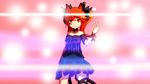  animal_ears cat_ears cat_tail collar commentary cosplay hair_ribbon heart hecatia_lapislazuli hecatia_lapislazuli_(cosplay) highres kaenbyou_rin leg_ribbon lens_flare lens_flare_abuse light_rays light_smile long_hair looking_at_viewer multiple_tails off-shoulder_shirt off_shoulder pose red_eyes red_hair ribbon shirt skirt solo tail touhou twintails two_tails wrist_cuffs zextillion 