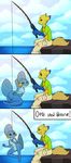  2016 anthro anthrofied armpits bedroom_eyes black_sclera breasts brooke bubble_butt butt clothing cloud comic detailed_background duo english_text fan_character female fin fish fishing_rod fluffy fluffy_tail fur green_eyes half-closed_eyes hanging_(disambiguation) hi_res joltik male marine mudkip nervous nintendo nipples nude outside pok&eacute;mon pose pussy seductive sitting sky squint sweetlemondragon tail_fin text tick video_games water yellow_fur 