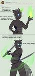  2017 anthro breasts cat-named-fish changeling deviantart dialogue english_text featureless_breasts female glowing grin hi_res holding_object holding_weapon hole_(anatomy) horn imago_(oc) looking_at_viewer magic melee_weapon my_little_pony open_mouth simple_background smile sword text weapon 